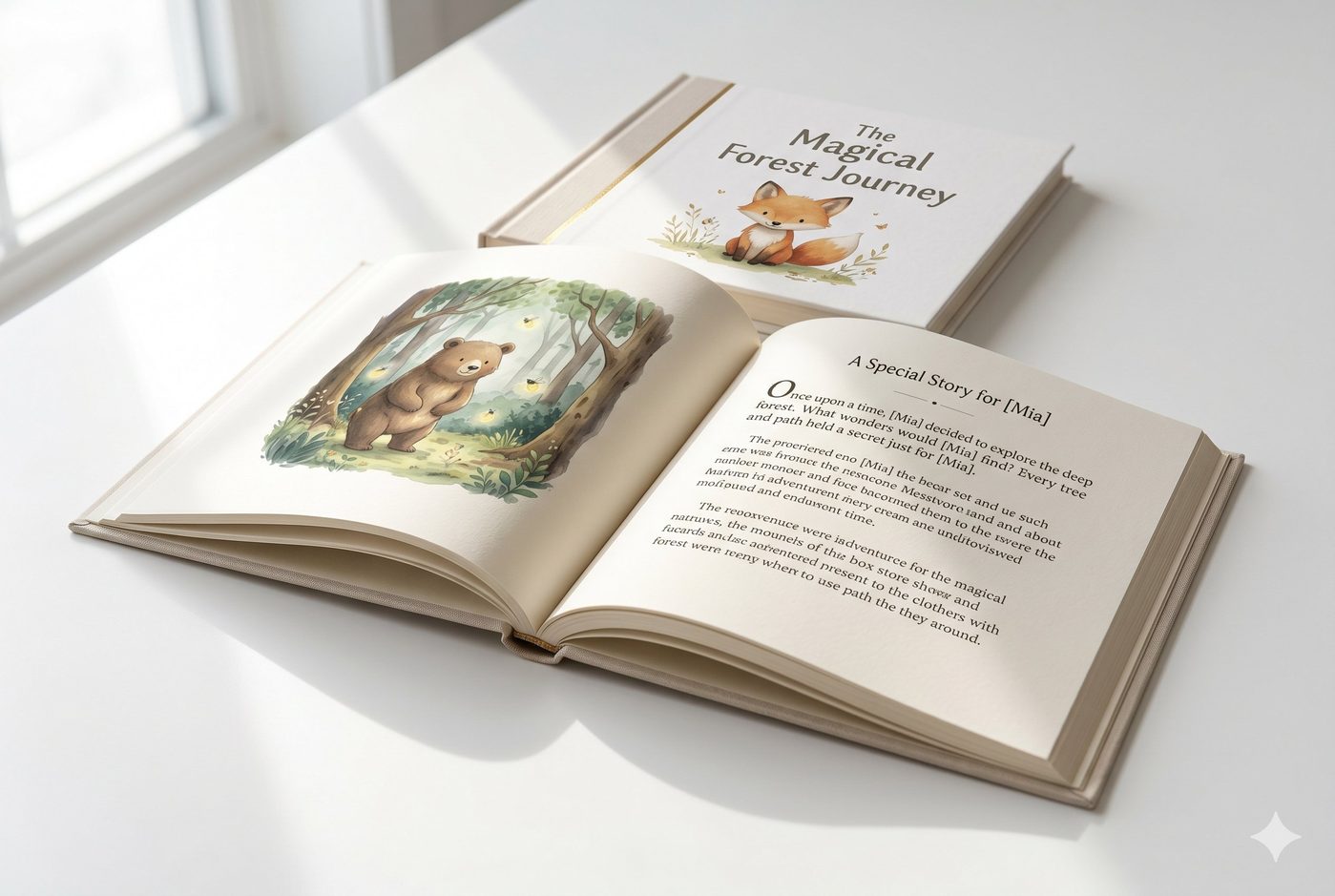 Open pages of a Kidoory personalised children's storybook showing beautiful watercolour illustrations