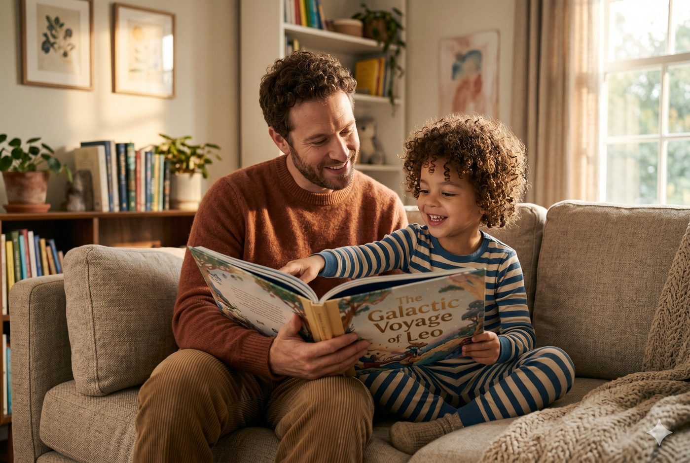 Father and son sharing the joy of reading a personalised Kidoory storybook together