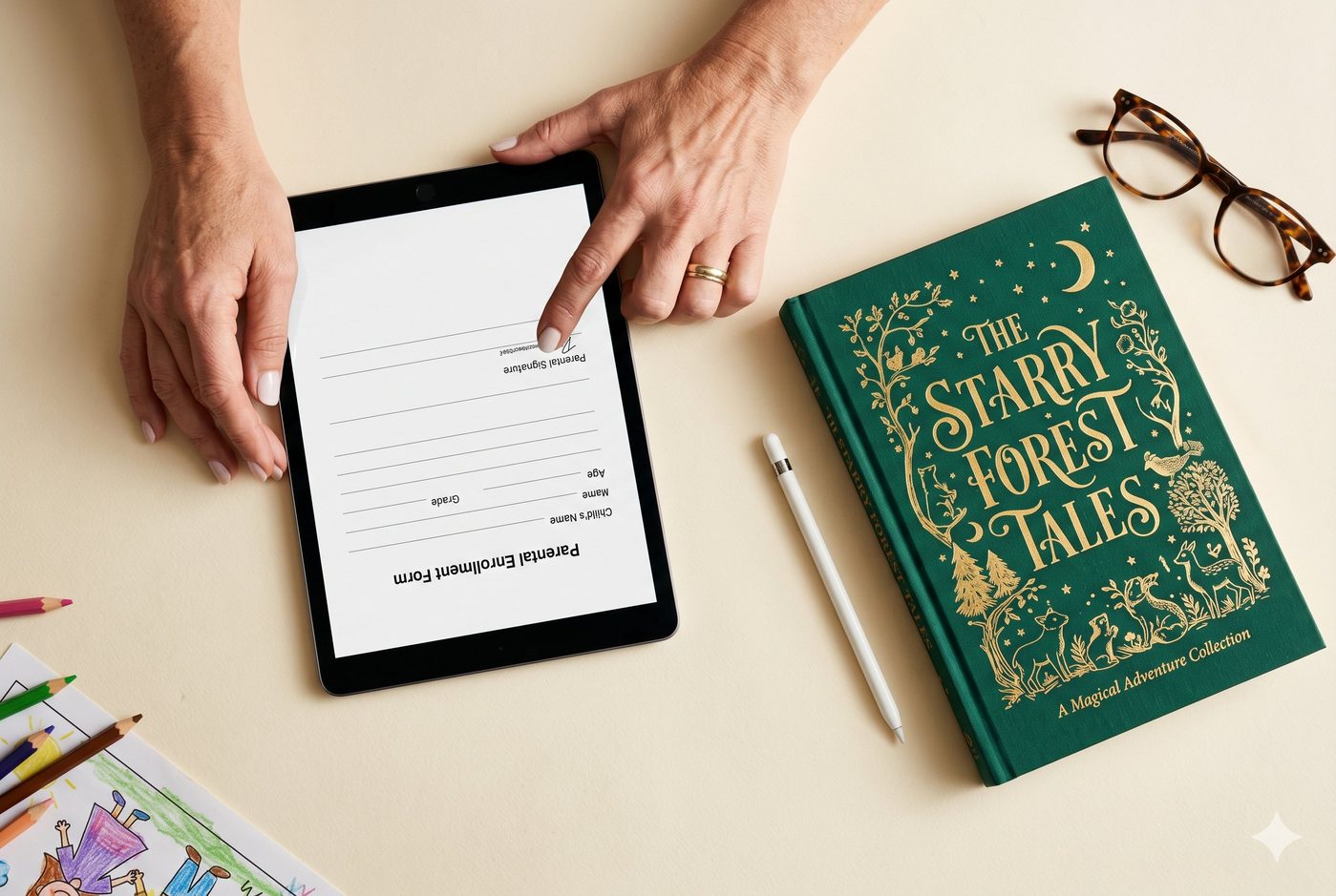 The Starry Forest Tales — a premium Kidoory personalised hardcover storybook beside a tablet showing the child profile form